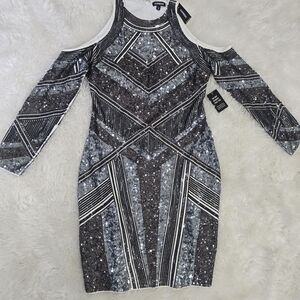 Express Black and Silver Sequin Long Sleeve Dress